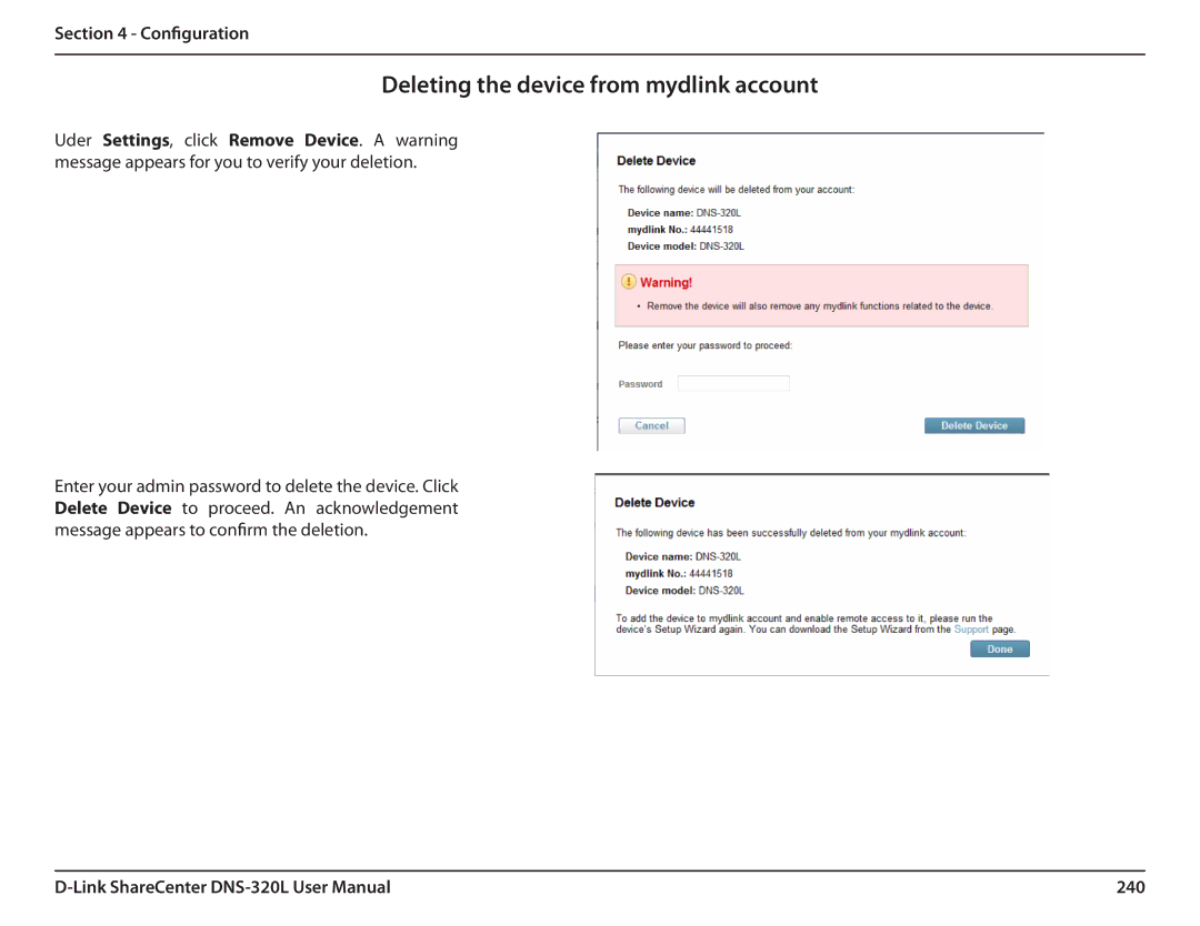 D-Link 2000 user manual Deleting the device from mydlink account, 240 