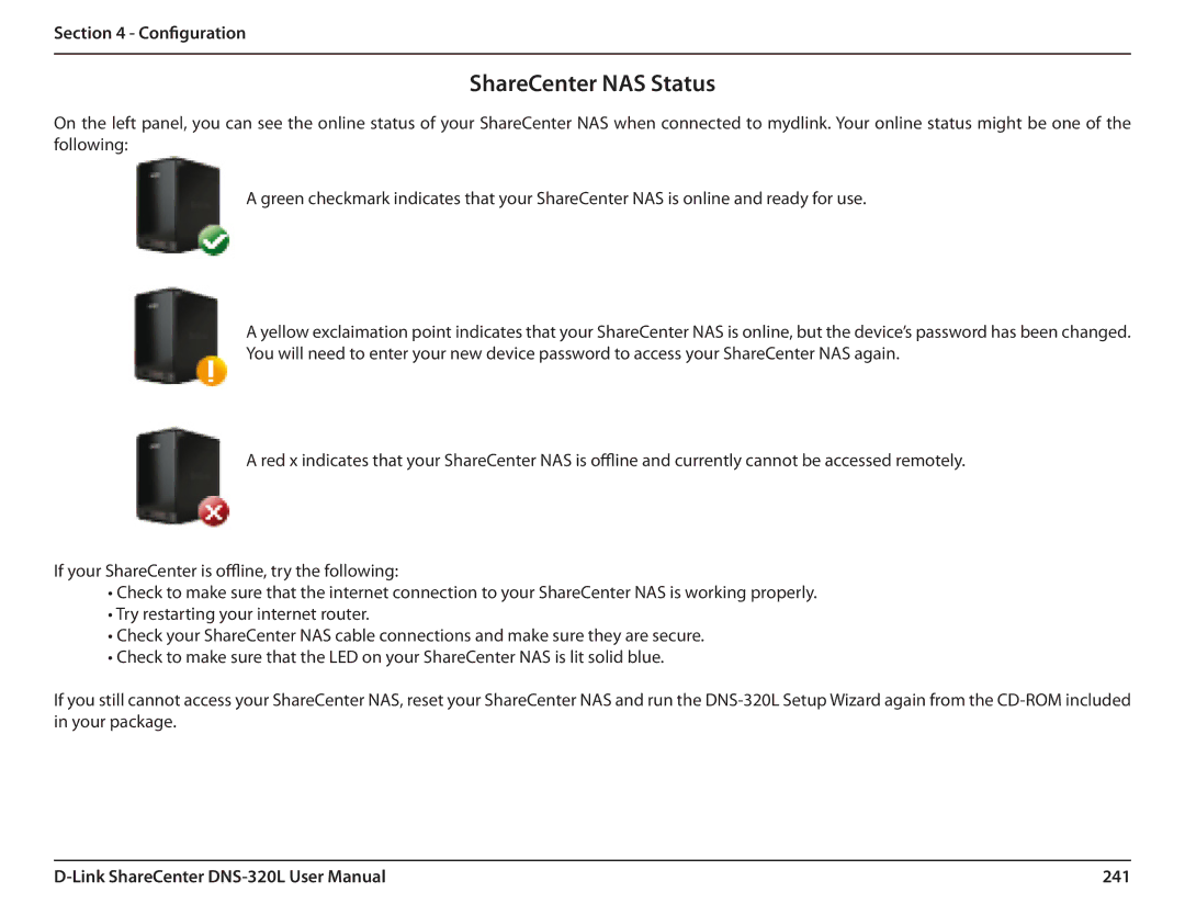 D-Link 2000 user manual ShareCenter NAS Status, 241 