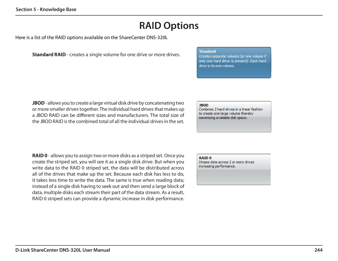 D-Link 2000 user manual RAID Options, 244 