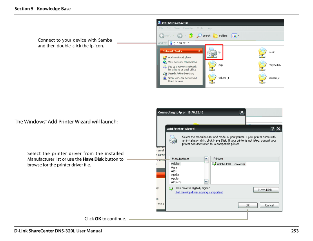 D-Link 2000 user manual Windows Add Printer Wizard will launch, 253 