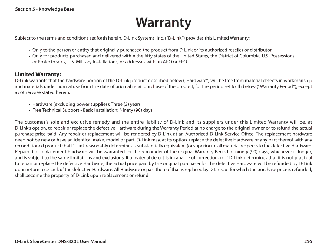 D-Link 2000 user manual Warranty, 256 