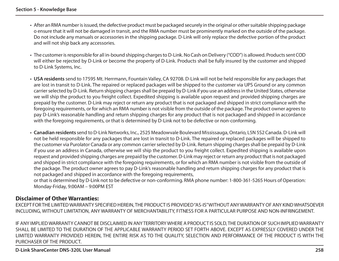 D-Link 2000 user manual Disclaimer of Other Warranties, 258 