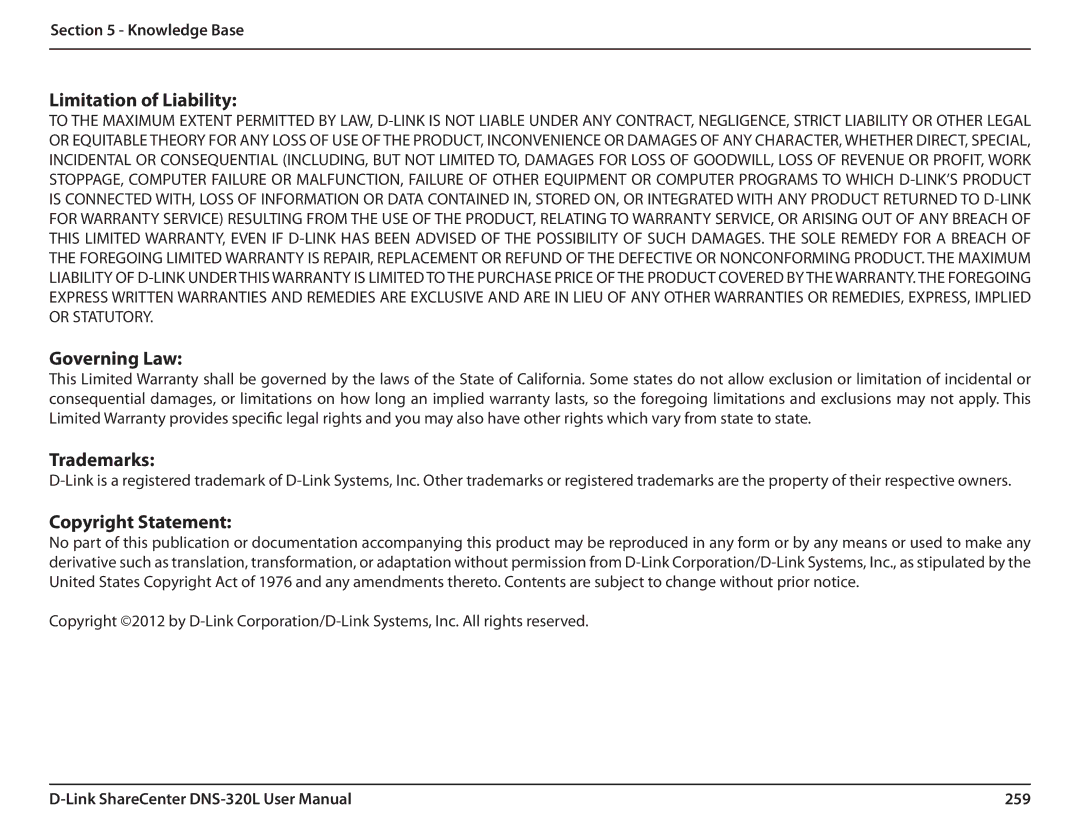 D-Link 2000 user manual Limitation of Liability, 259 