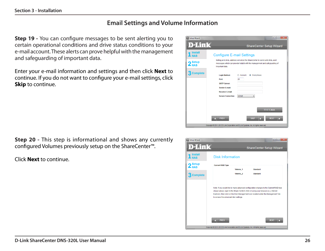 D-Link 2000 user manual Email Settings and Volume Information 