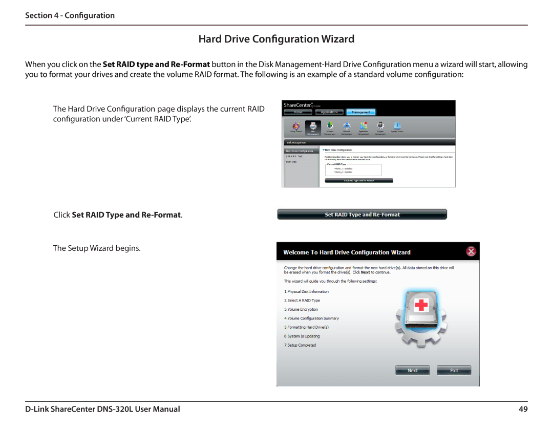 D-Link 2000 user manual Hard Drive Configuration Wizard, Click Set RAID Type and Re-Format 