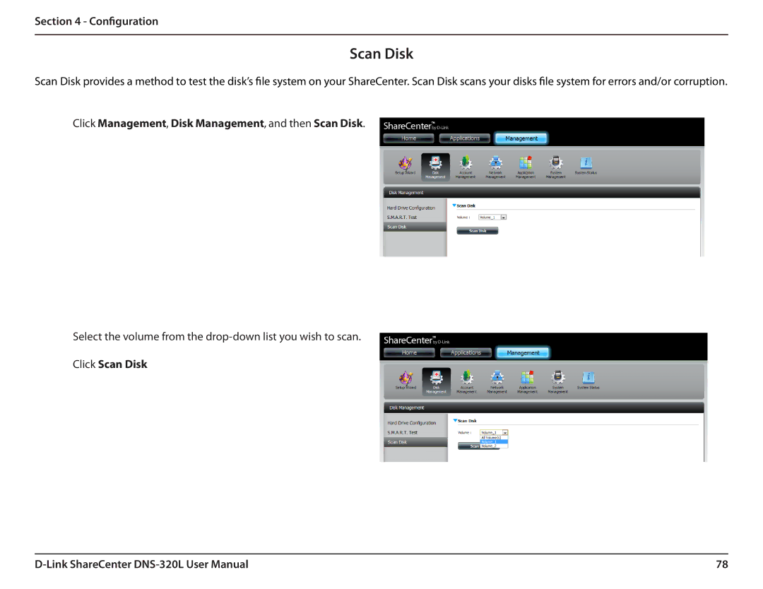 D-Link 2000 user manual Click Management, Disk Management, and then Scan Disk, Click Scan Disk 