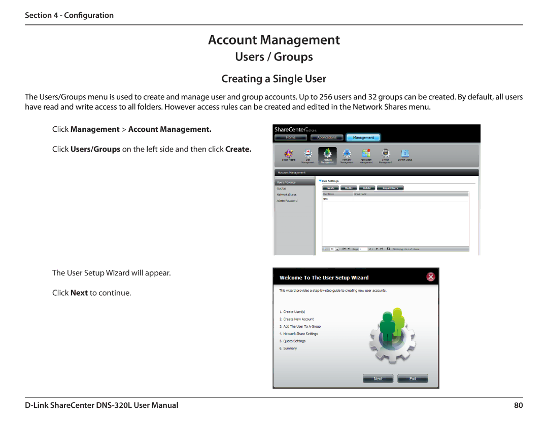 D-Link 2000 user manual Creating a Single User, Click Management Account Management 