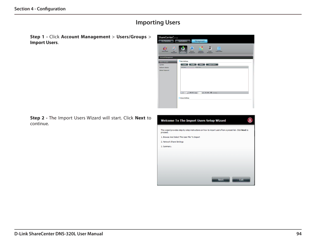 D-Link 2000 user manual Importing Users, Click Account Management Users/Groups Import Users 