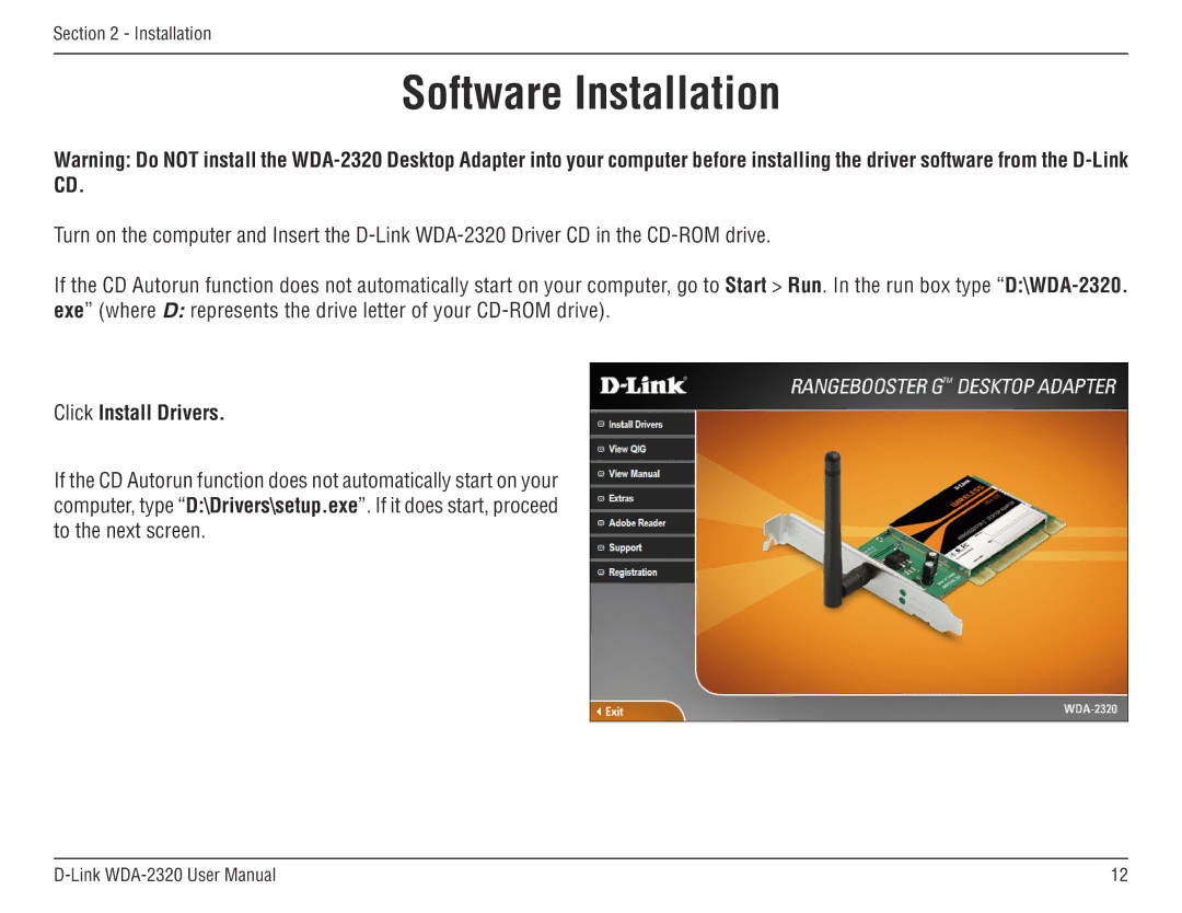 D-Link 2320 manual Software Installation, Click Install Drivers 