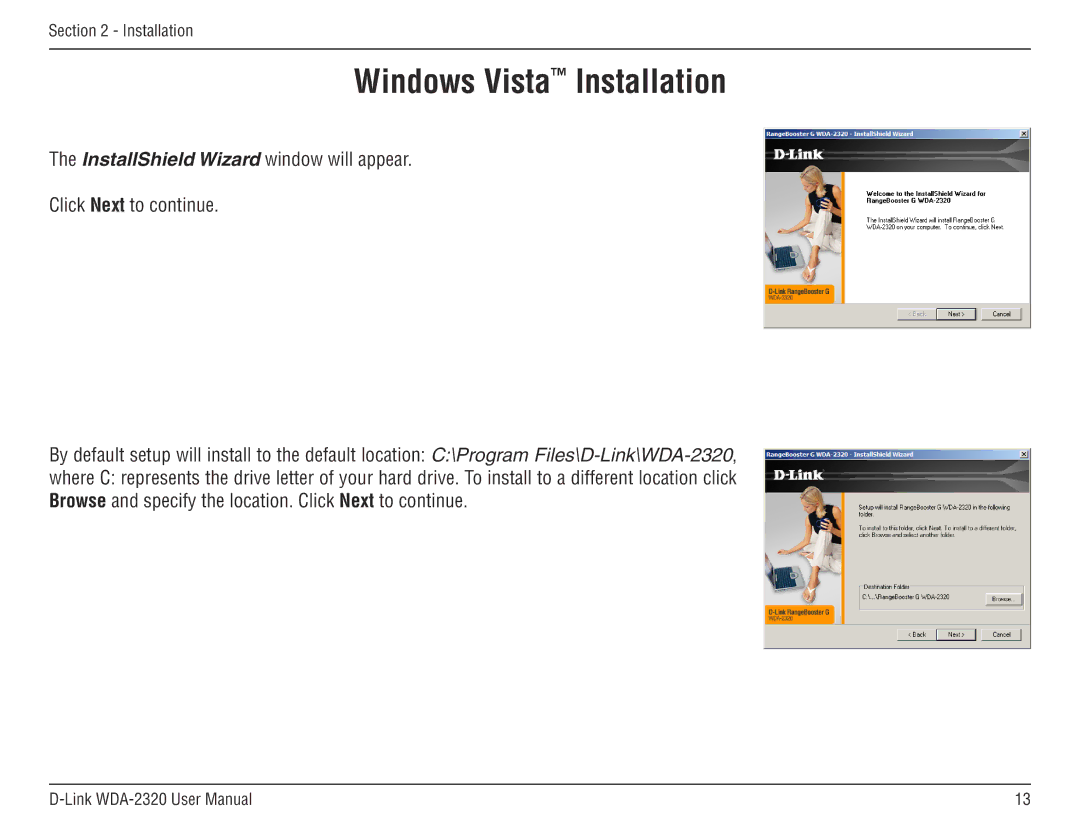 D-Link 2320 manual Windows Vista Installation 