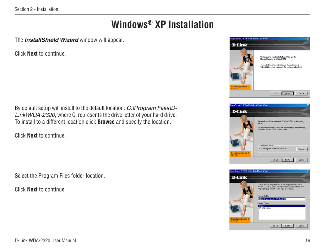 D-Link 2320 manual Windows XP Installation 