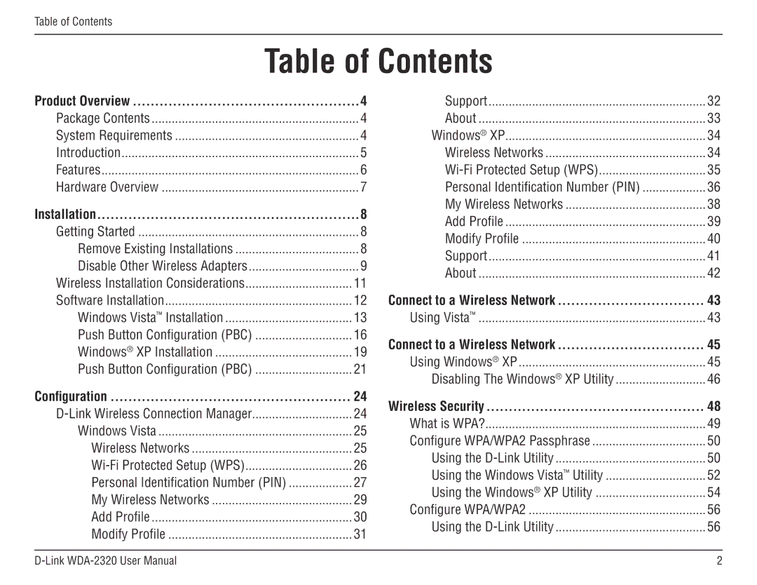 D-Link 2320 manual Table of Contents 