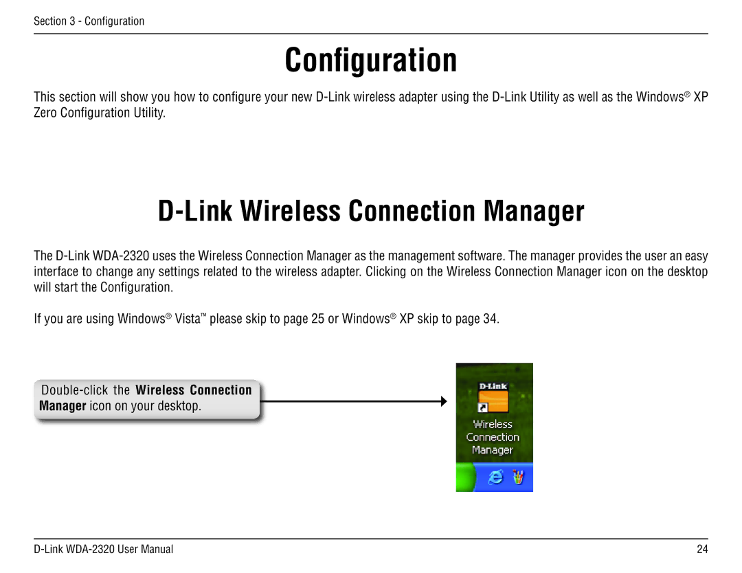 D-Link 2320 manual Configuration, Link Wireless Connection Manager, Double-click the Wireless Connection 