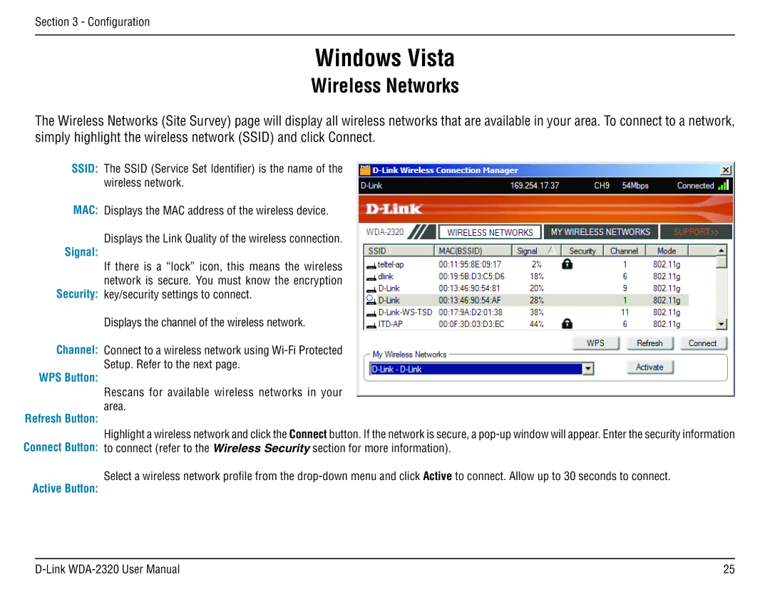 D-Link 2320 manual Windows Vista, Wireless Networks 