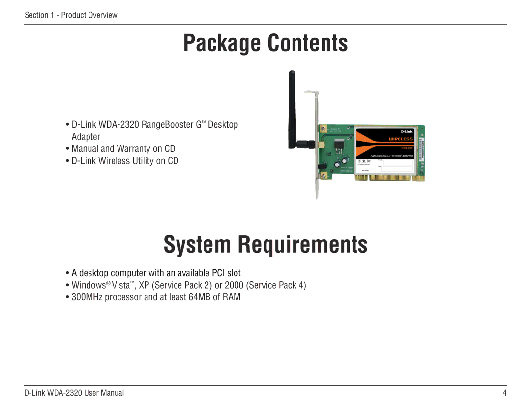 D-Link 2320 manual System Requirements, Packageroduct OverviewContents 