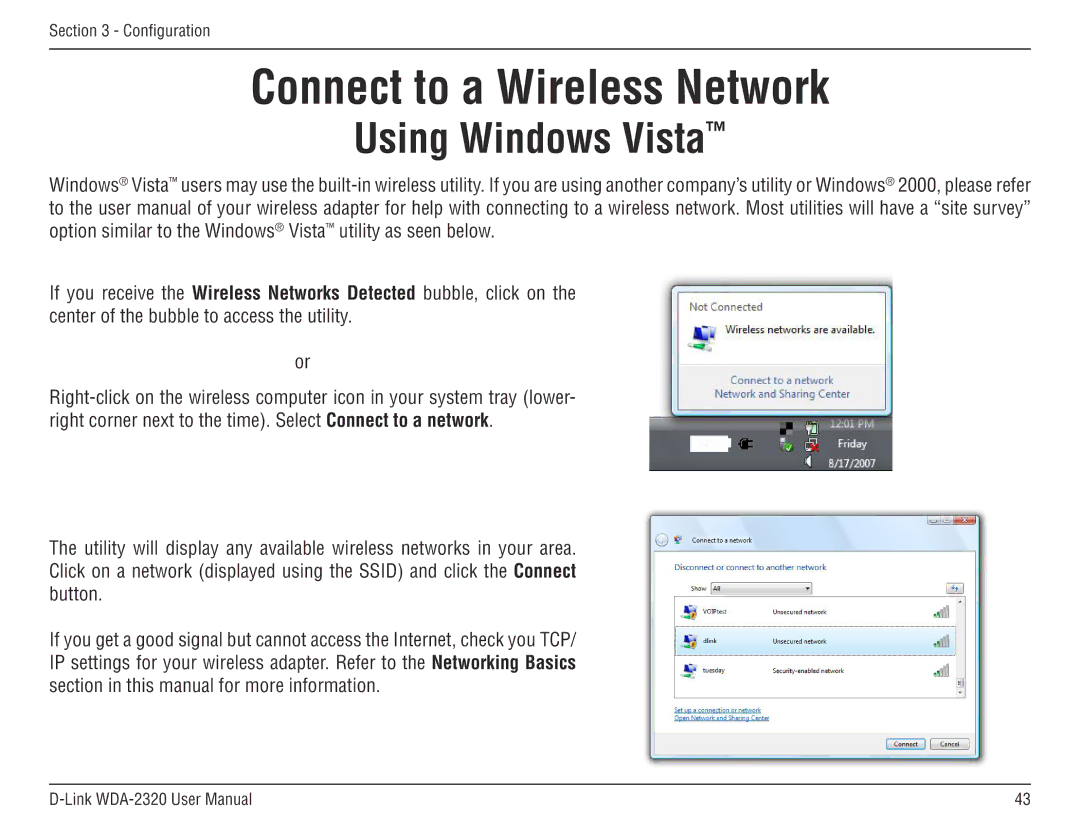 D-Link 2320 manual Connect to a Wireless Network, Using Windows Vista 