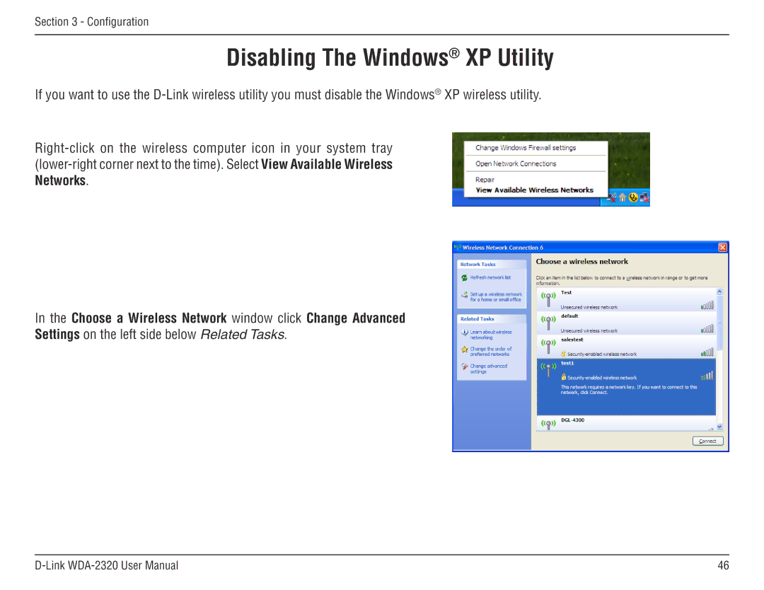 D-Link 2320 manual Disabling The Windows XP Utility, Choose a Wireless Network window click Change Advanced 