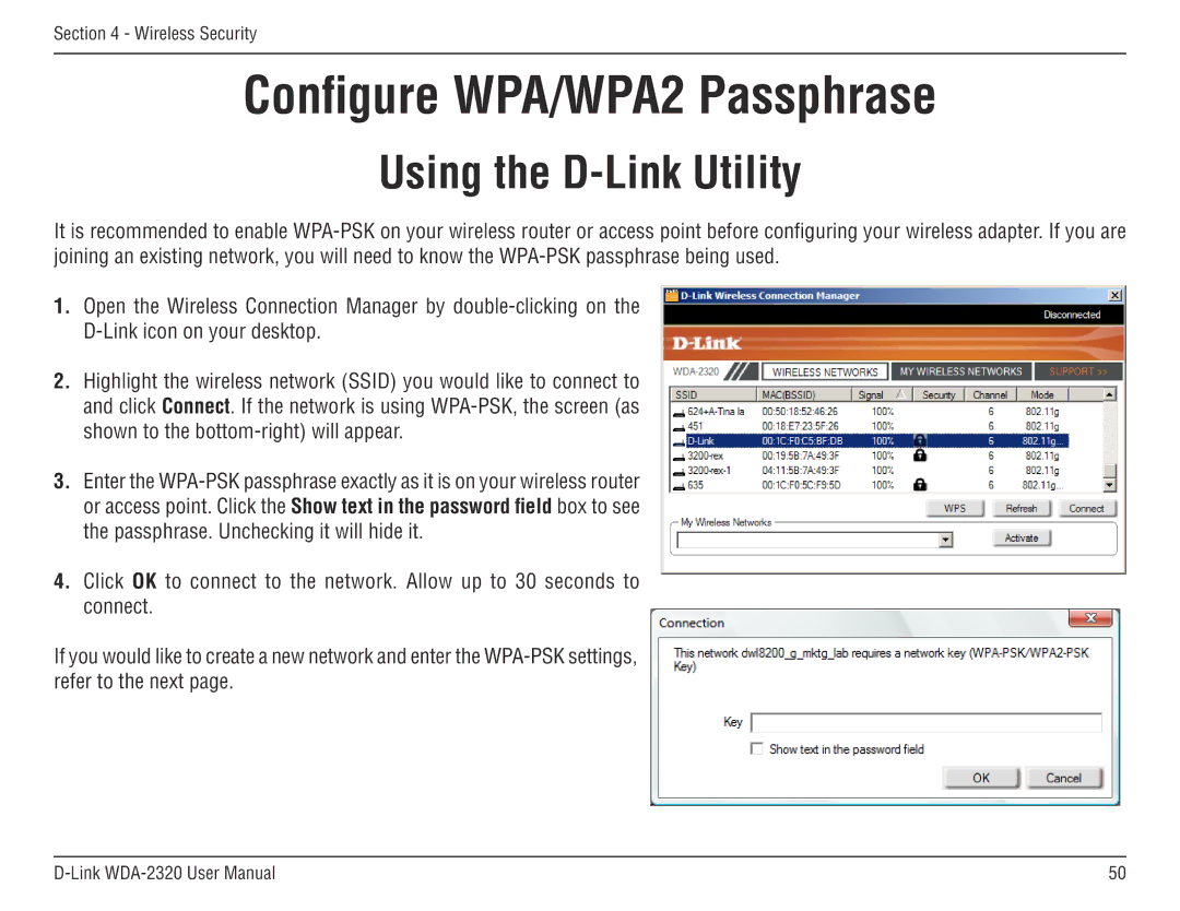 D-Link 2320 manual Configure WPA/WPA2 Passphrase, Using the D-Link Utility 