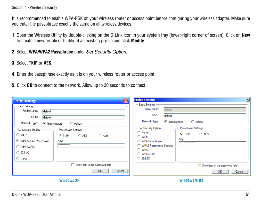 D-Link 2320 manual Select WPA/WPA2 Passphrase under Set Security Option 
