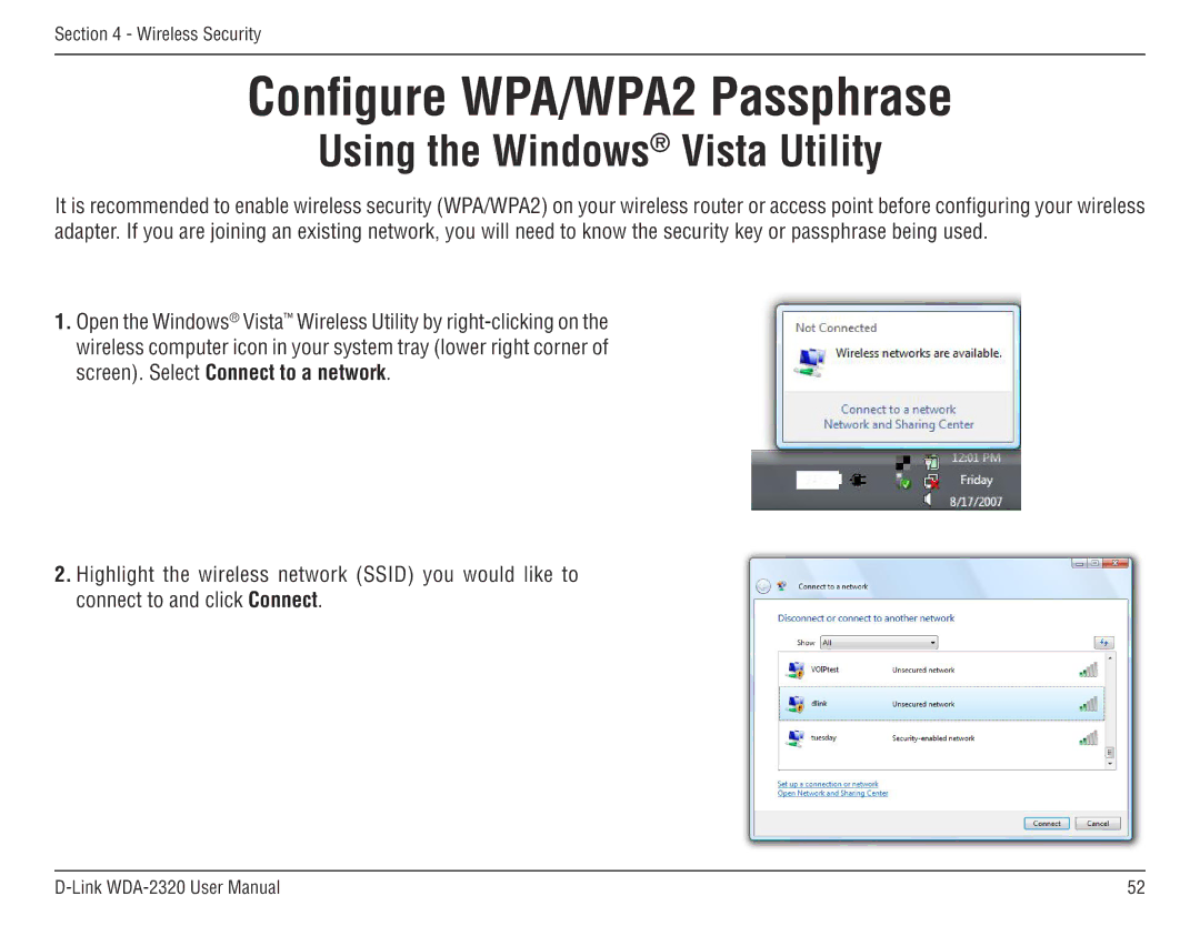 D-Link 2320 manual Using the Windows Vista Utility 