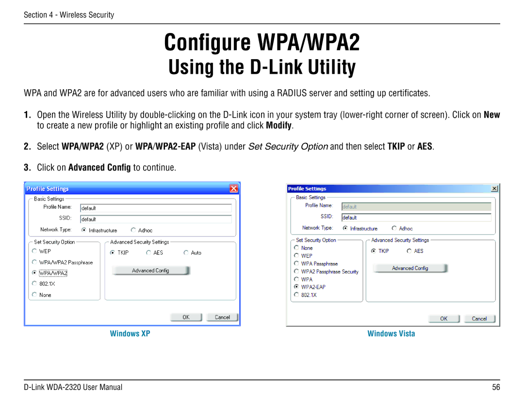 D-Link 2320 manual Configure WPA/WPA2, Using the D-Link Utility 