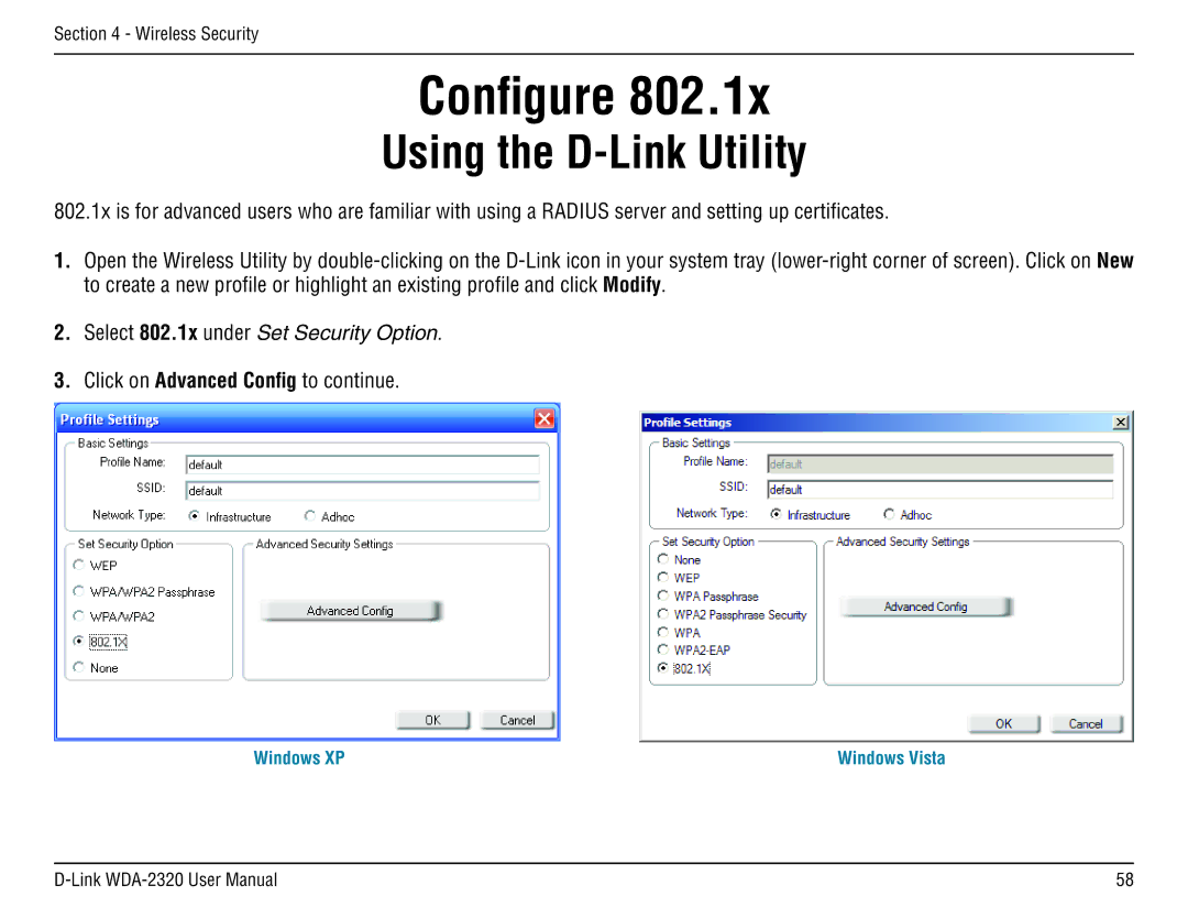 D-Link 2320 manual Configure, Select 802.1x under Set Security Option 