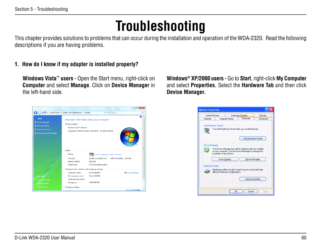 D-Link 2320 manual Troubleshooting, How do I know if my adapter is installed properly?, Device Manager 