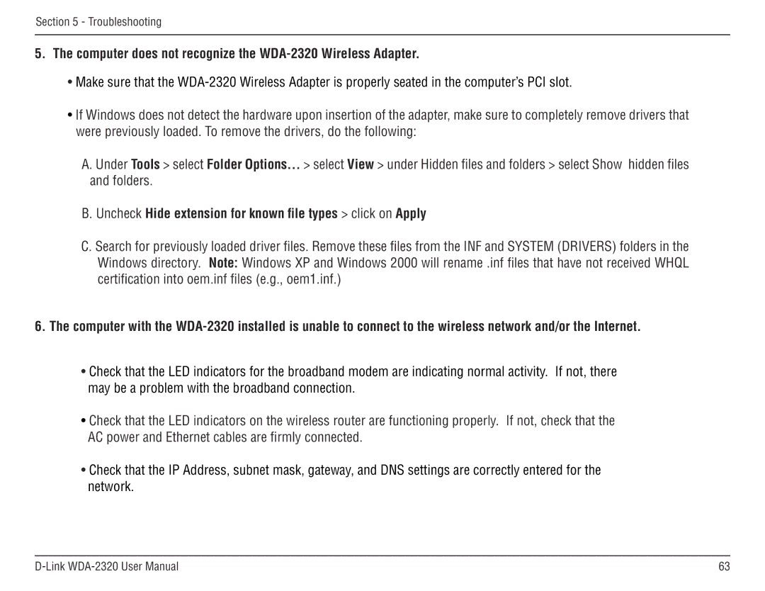 D-Link manual Computer does not recognize the WDA-2320 Wireless Adapter 