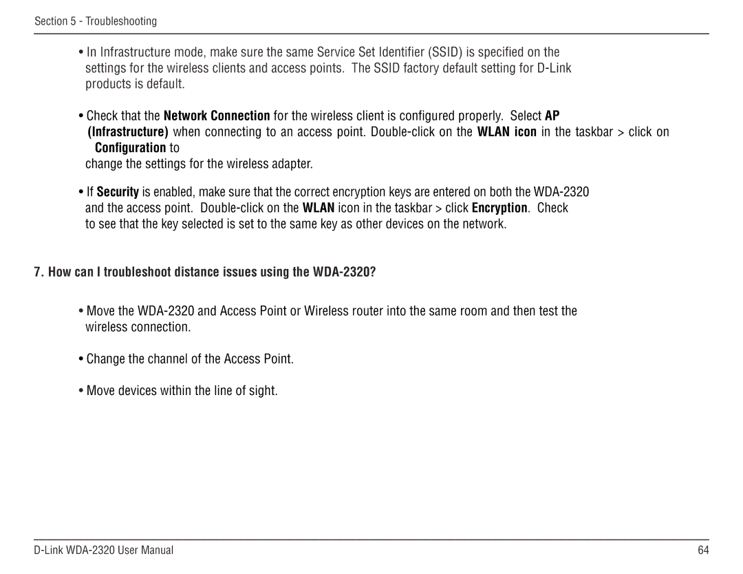 D-Link manual How can I troubleshoot distance issues using the WDA-2320? 