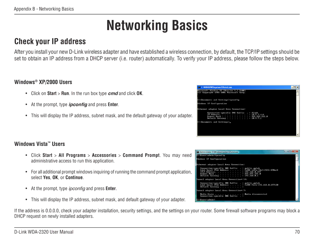 D-Link 2320 manual Networking Basics, Check your IP address, Windows XP/2000 Users, Windows Vista Users 