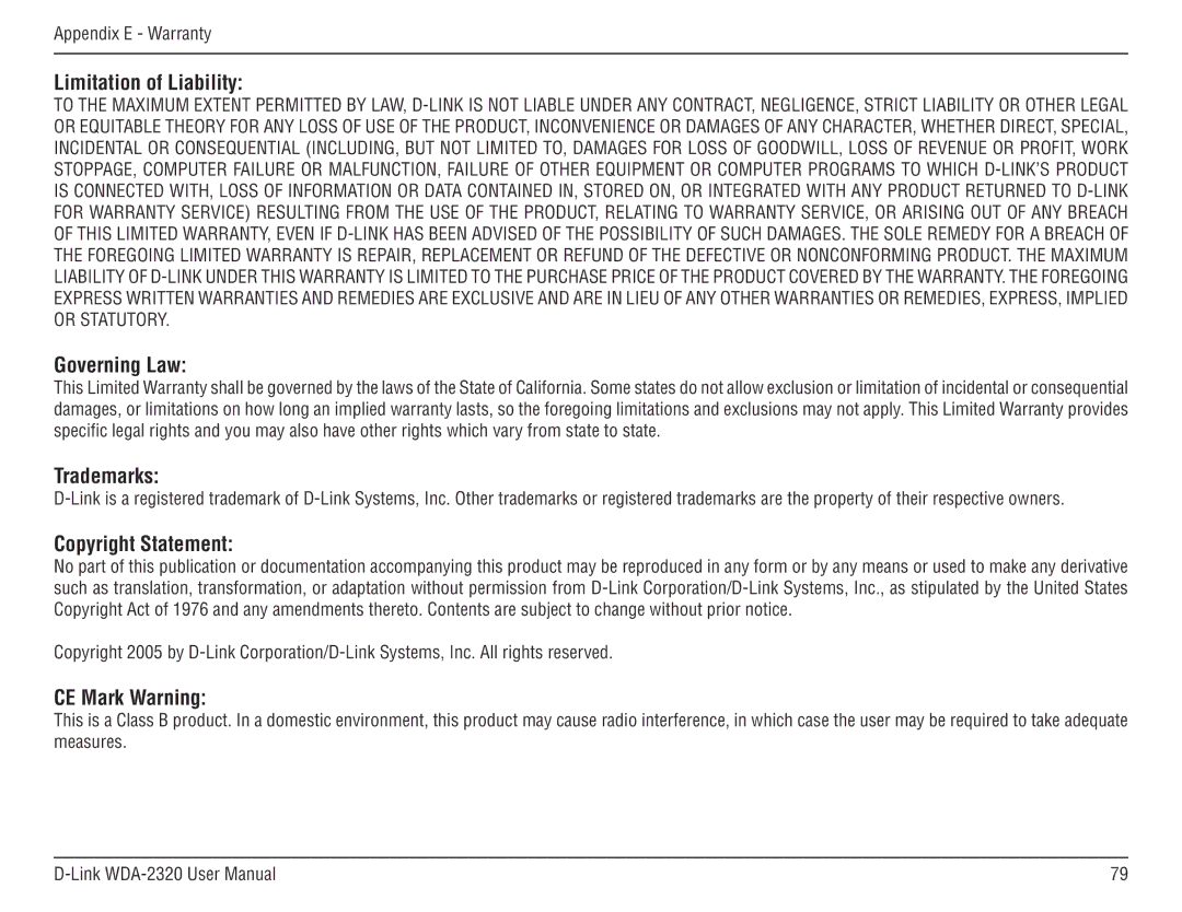 D-Link 2320 manual Limitation of Liability, Governing Law, Trademarks, Copyright Statement, CE Mark Warning 