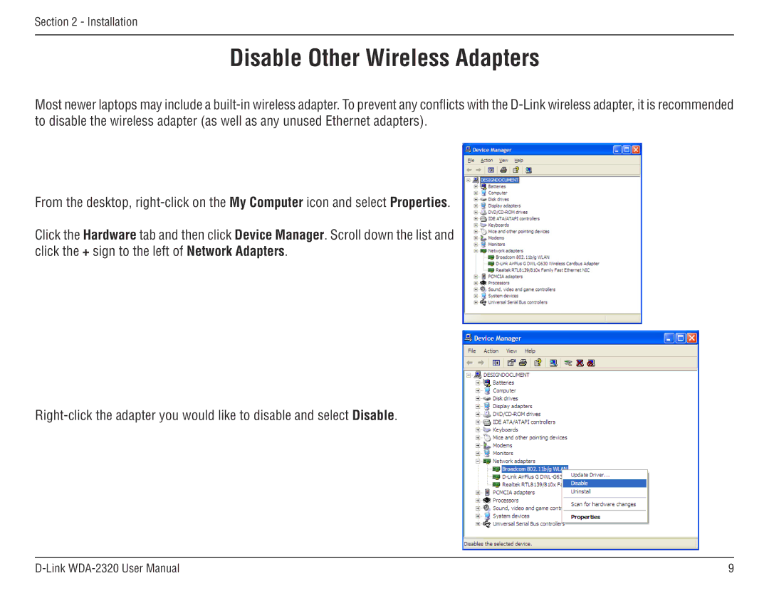 D-Link 2320 manual Disable Other Wireless Adapters 