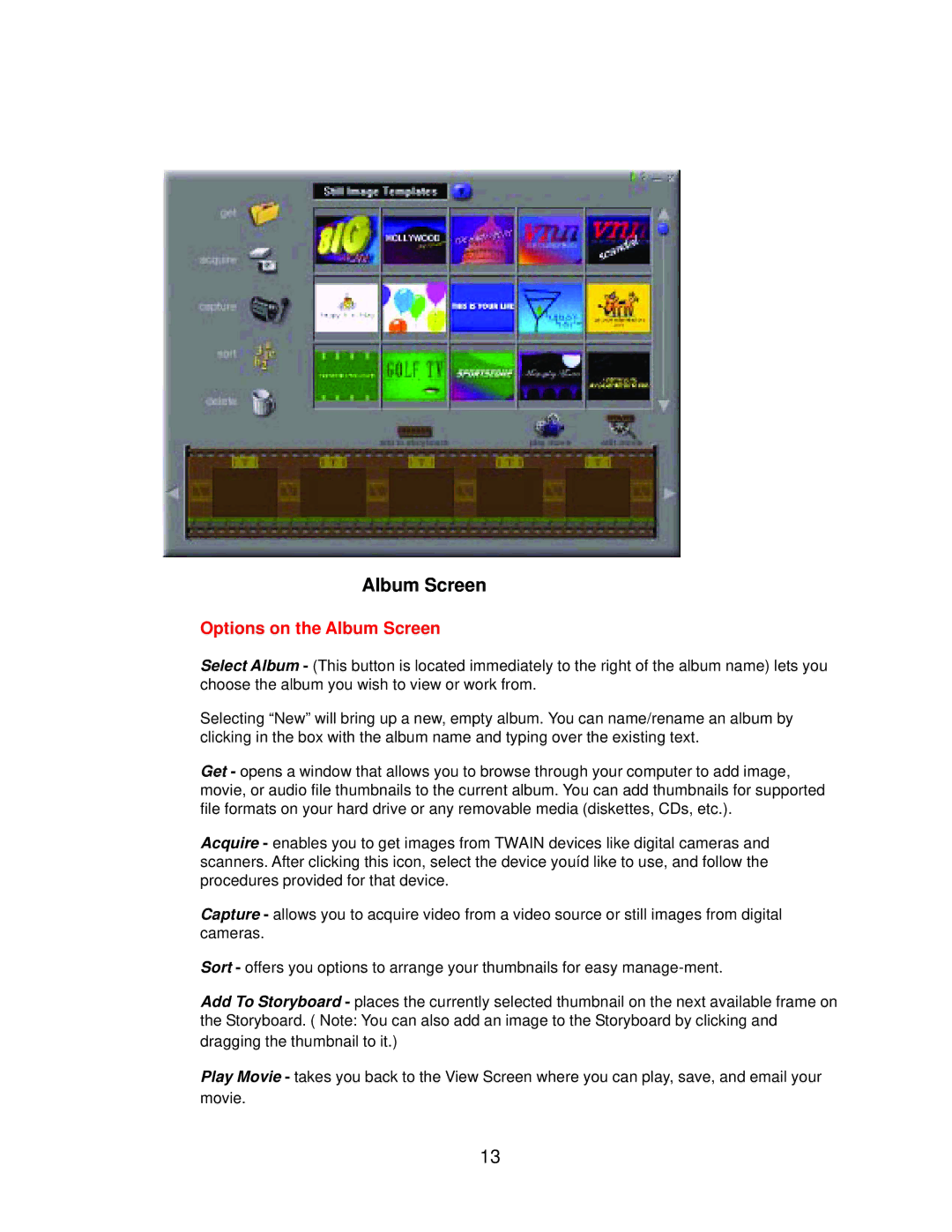 D-Link 300K Pixel PC Camera manual Options on the Album Screen 