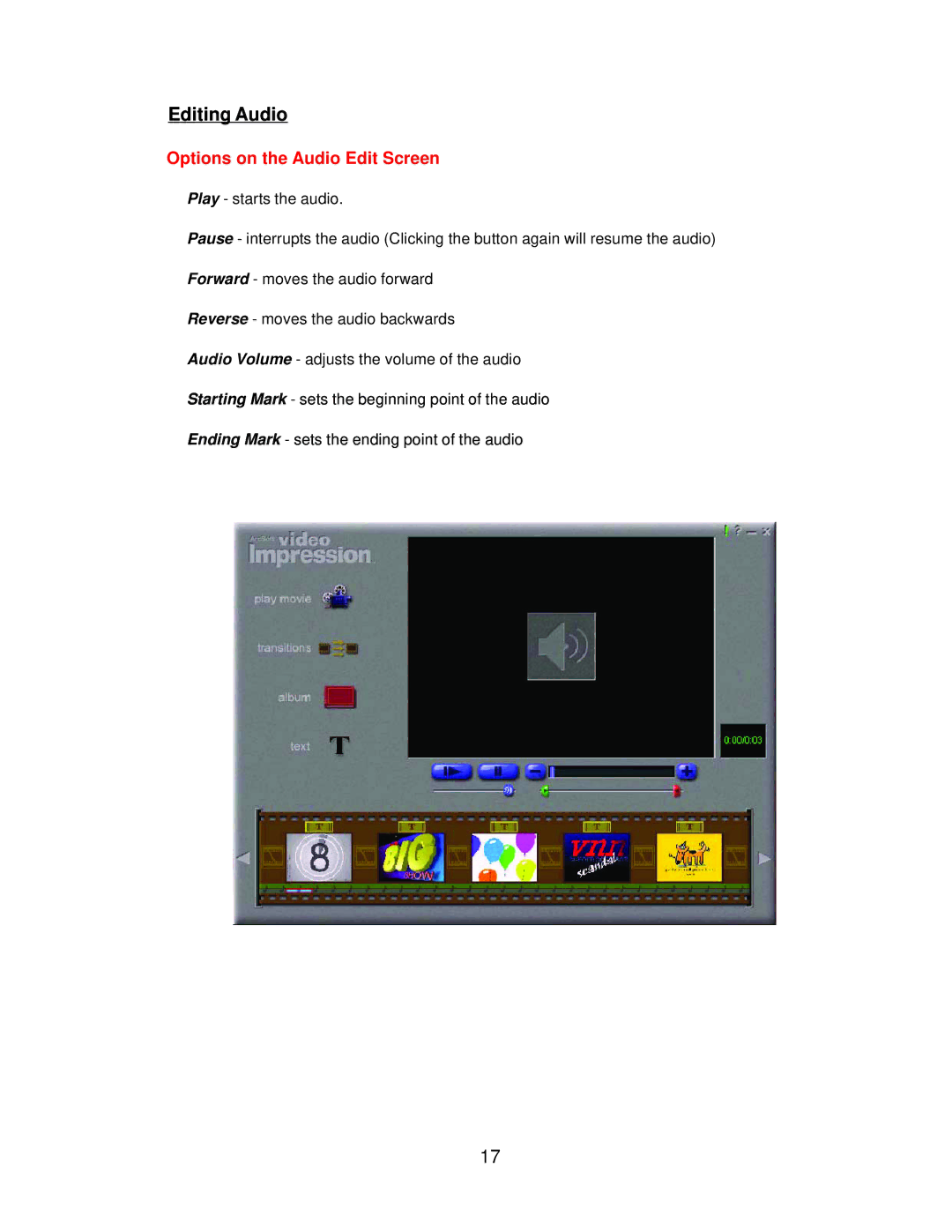 D-Link 300K Pixel PC Camera manual Editing Audio, Options on the Audio Edit Screen 