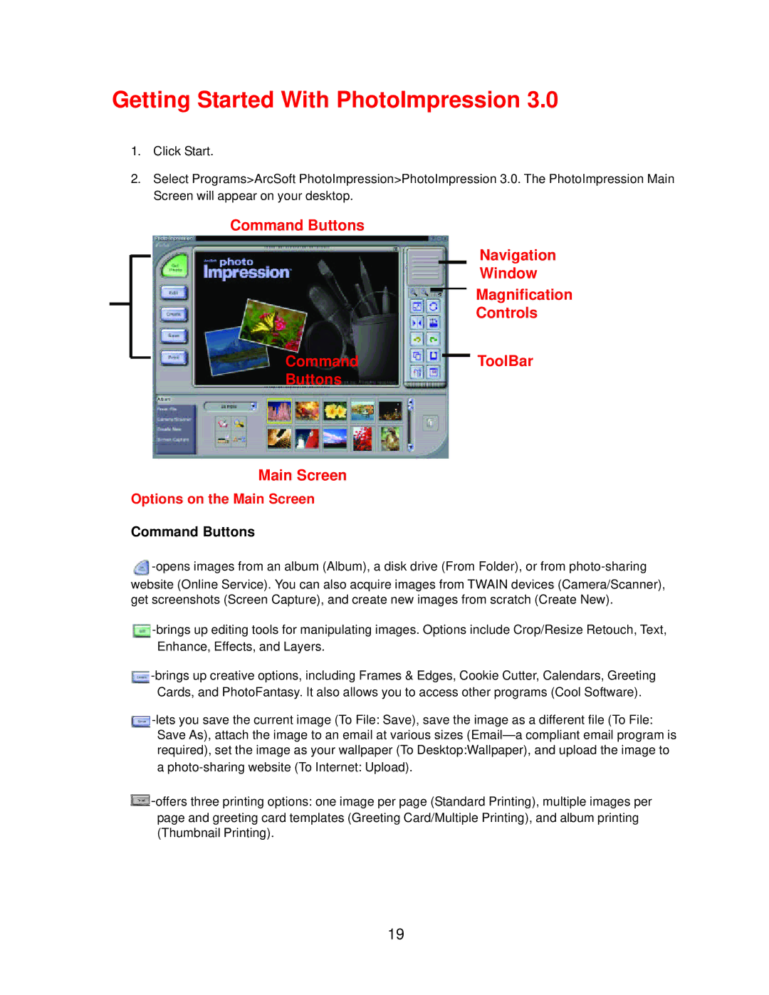 D-Link 300K Pixel PC Camera manual Getting Started With PhotoImpression, Command Buttons 