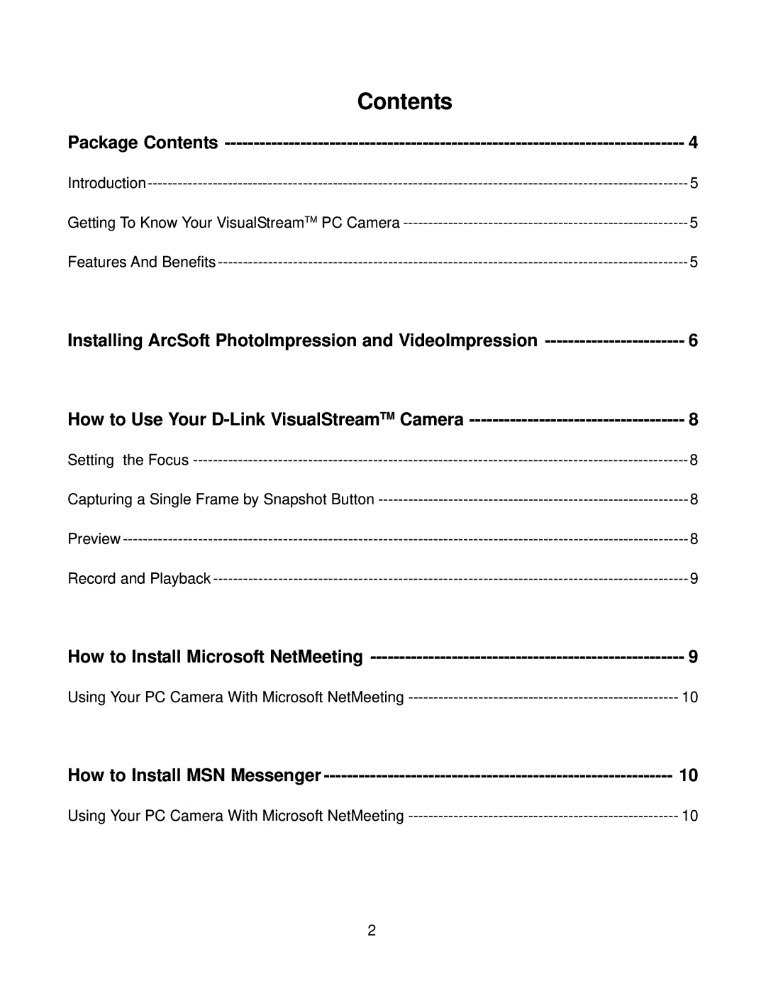 D-Link 300K Pixel PC Camera manual Contents 