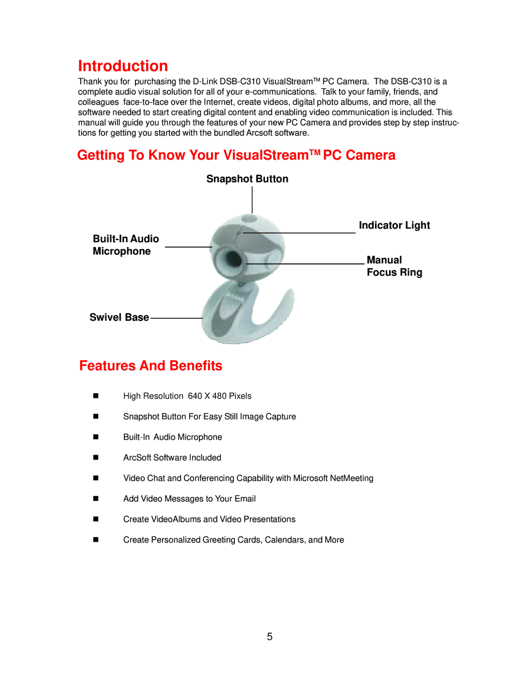 D-Link 300K Pixel PC Camera manual Introduction, Features And Benefits 