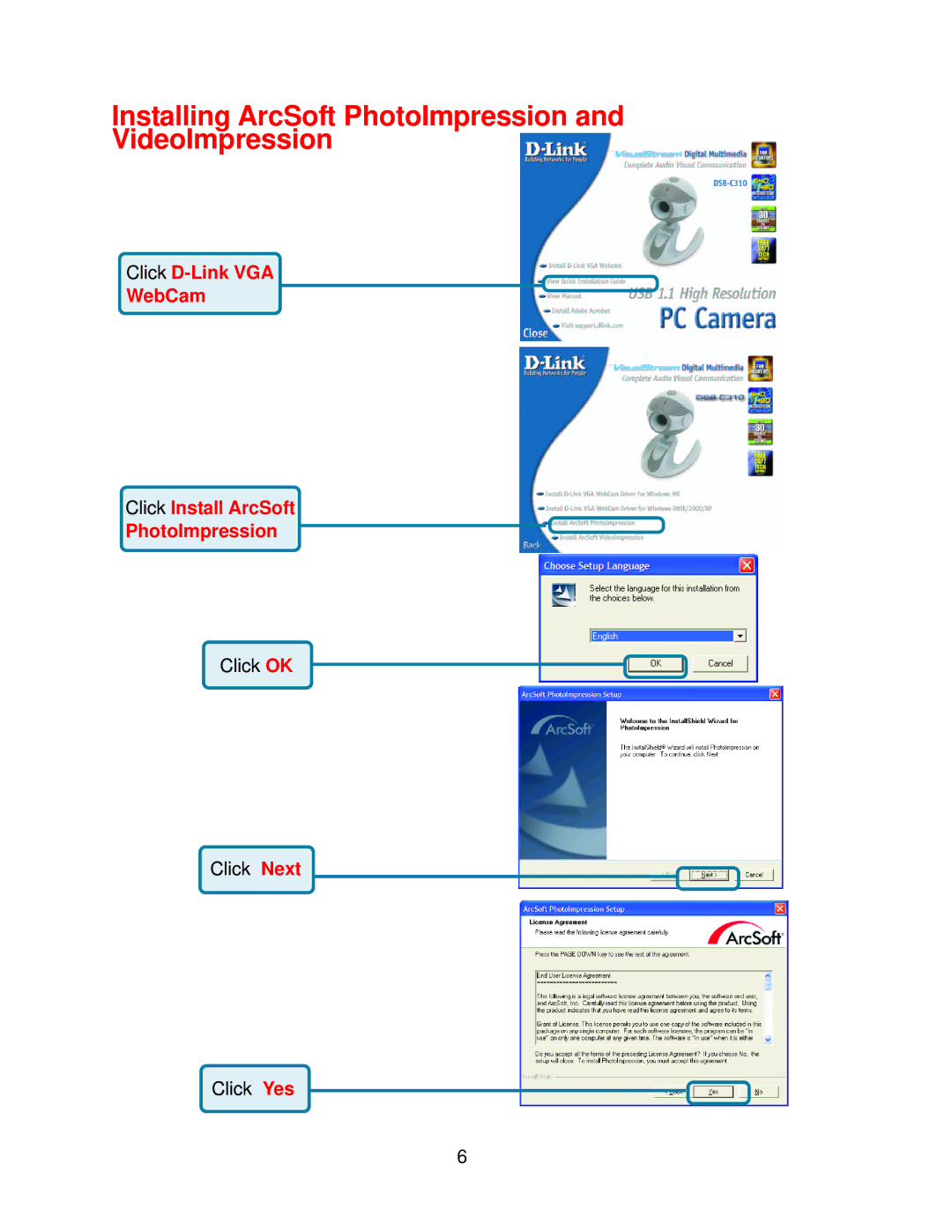 D-Link 300K Pixel PC Camera manual Installing ArcSoft PhotoImpression and VideoImpression 