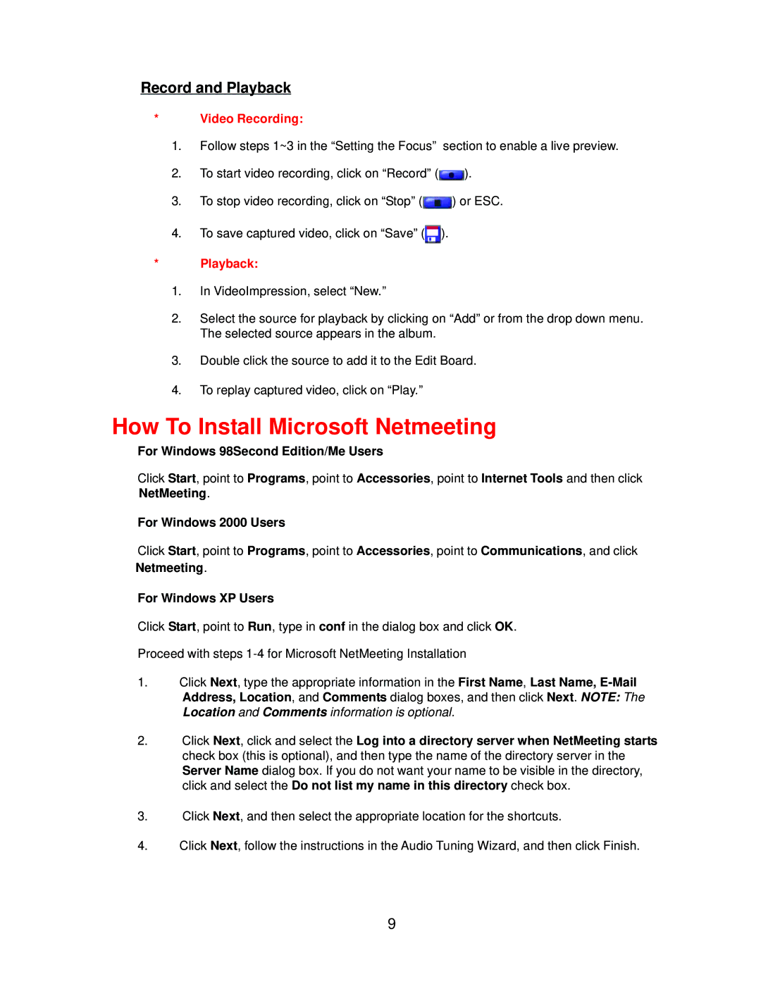 D-Link 300K Pixel PC Camera manual How To Install Microsoft Netmeeting, Record and Playback 