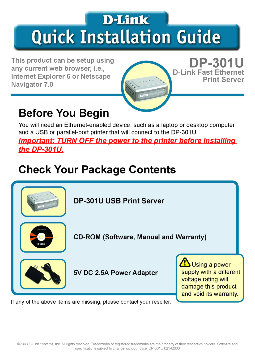 D-Link 301U manual Before You Begin, Check Your Package Contents 