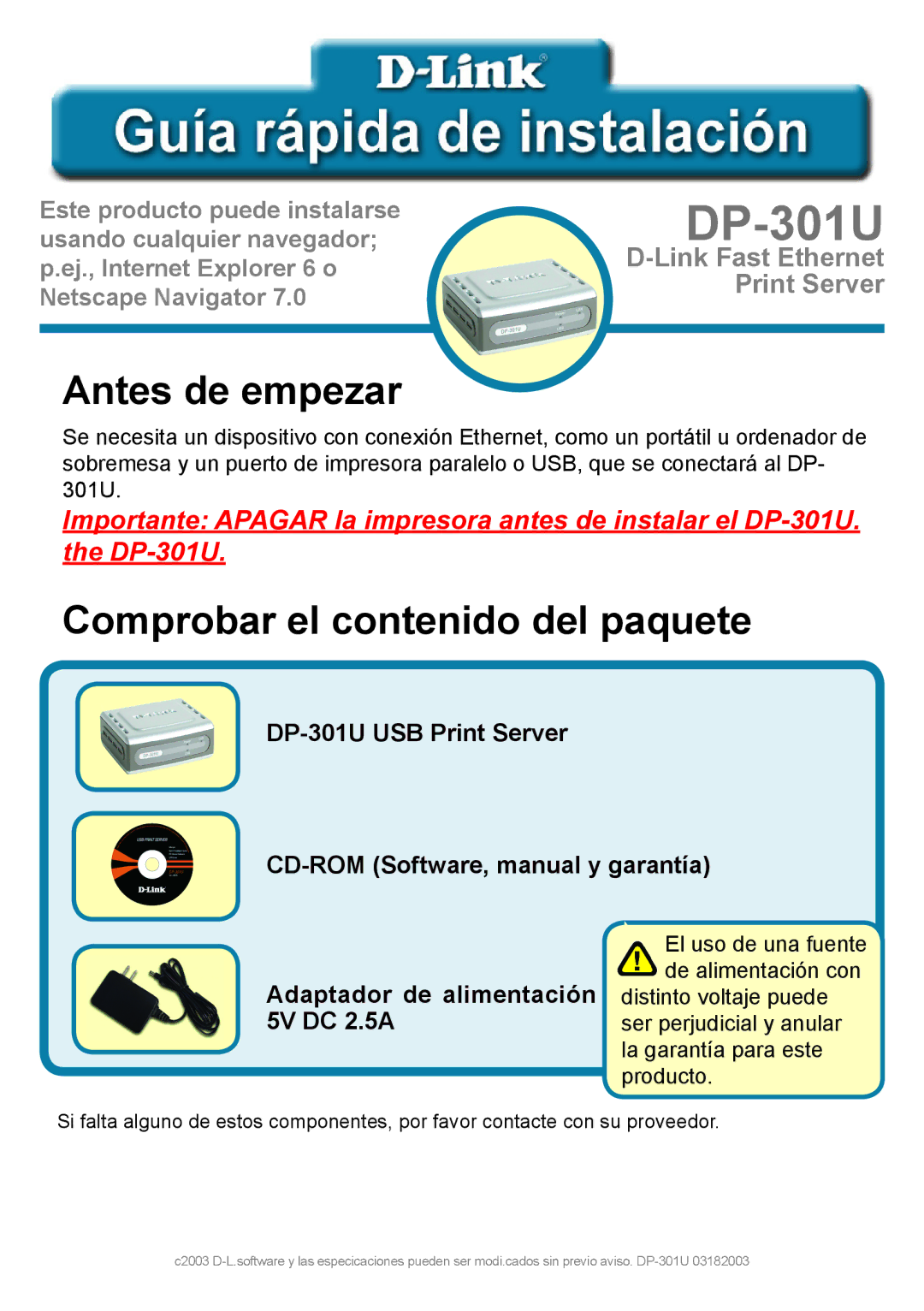 D-Link 301U manual Antes de empezar, Comprobar el contenido del paquete 