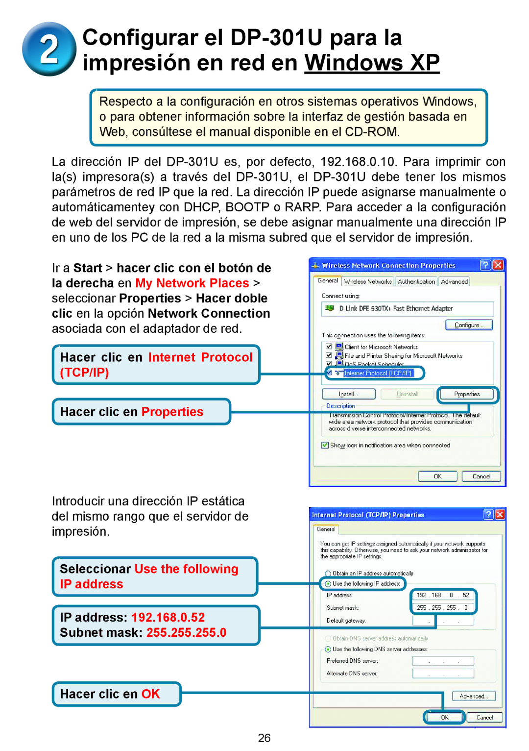 D-Link manual Configurar el DP-301U para la impresión en red en Windows XP 