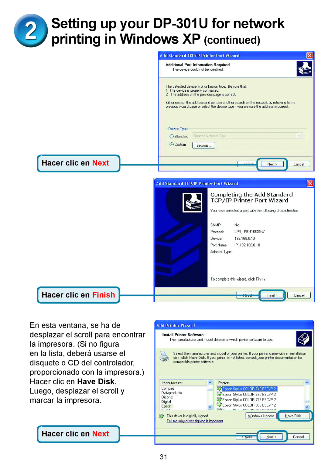 D-Link manual Setting up your DP-301U for network printing in Windows XP 