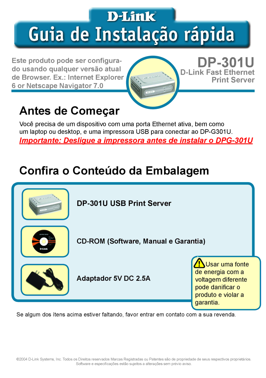 D-Link 301U manual Antes de Começar, Confira o Conteúdo da Embalagem 