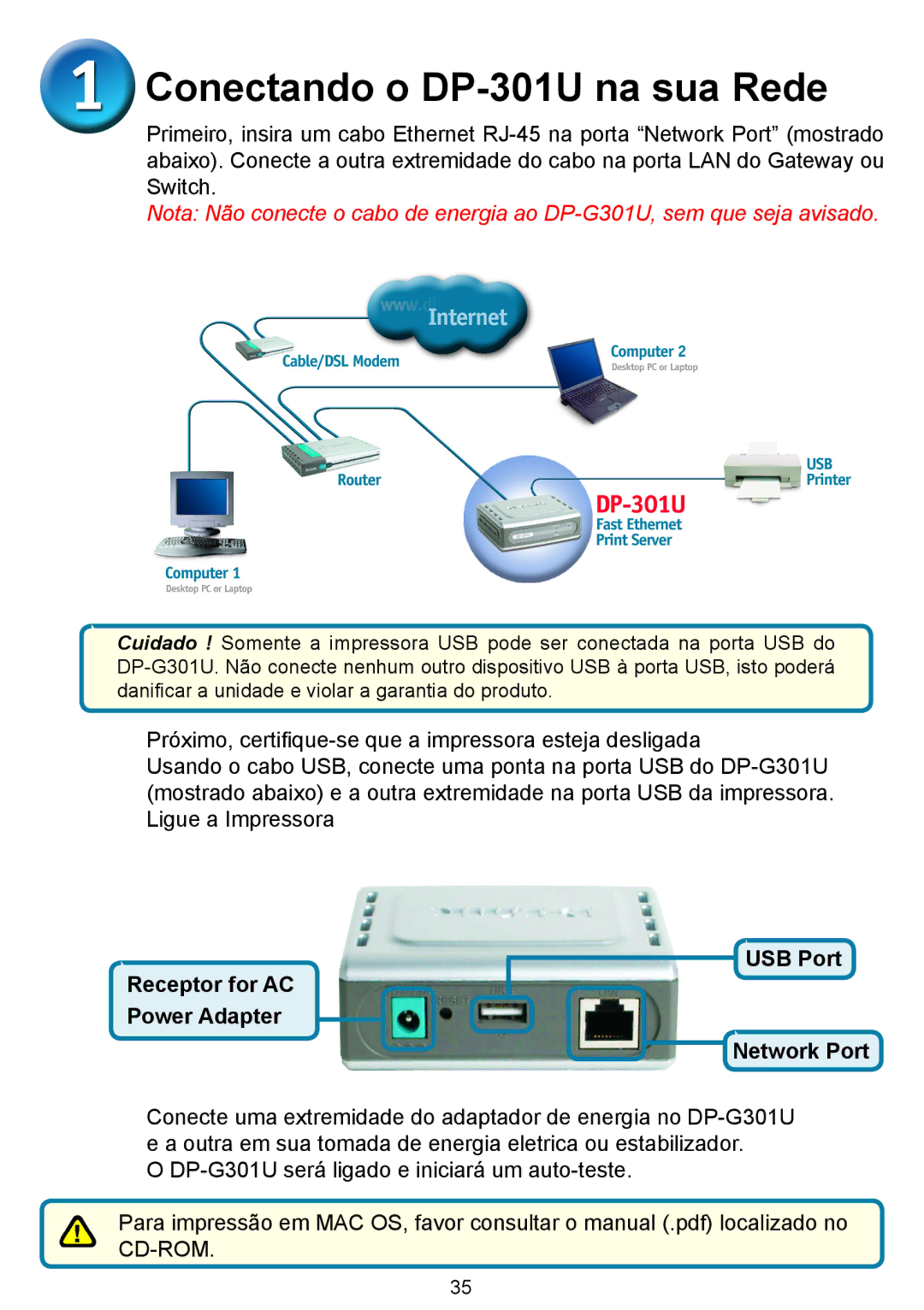 D-Link manual Conectando o DP-301U na sua Rede 