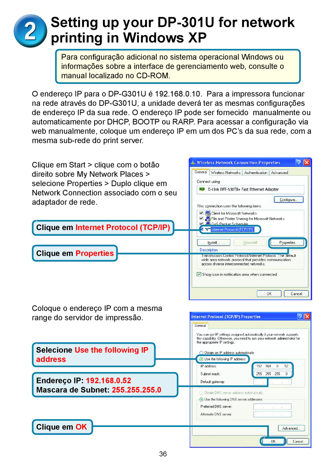 D-Link 301U manual Clique em Internet Protocol TCP/IP 