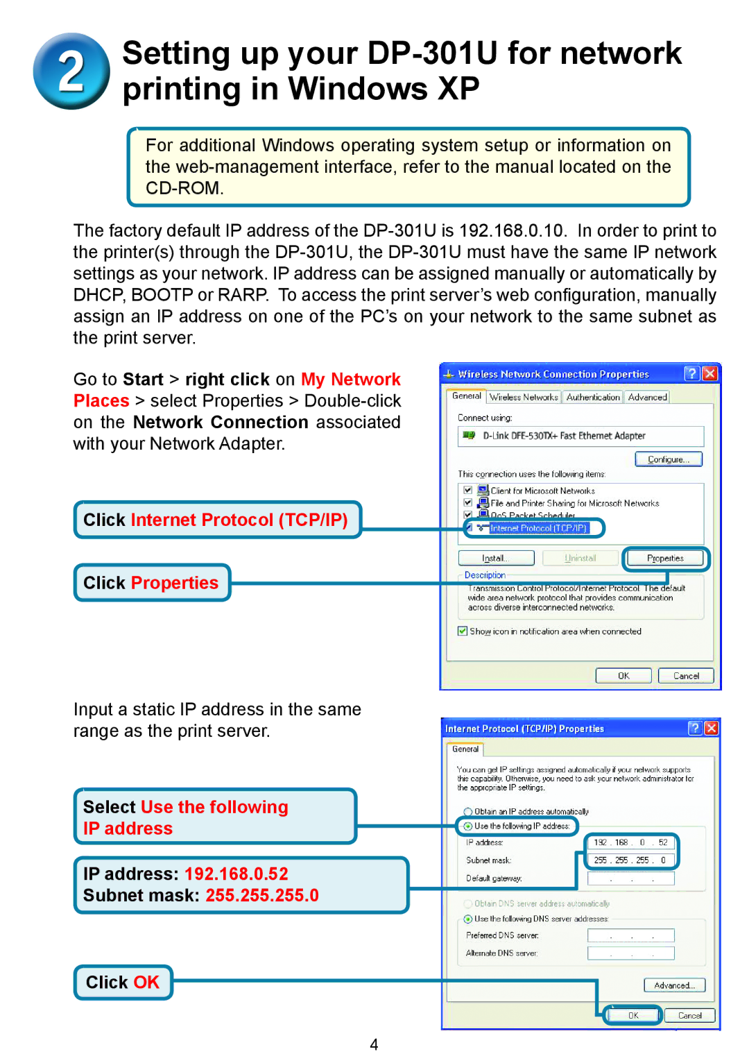 D-Link manual Setting up your DP-301U for network printing in Windows XP 