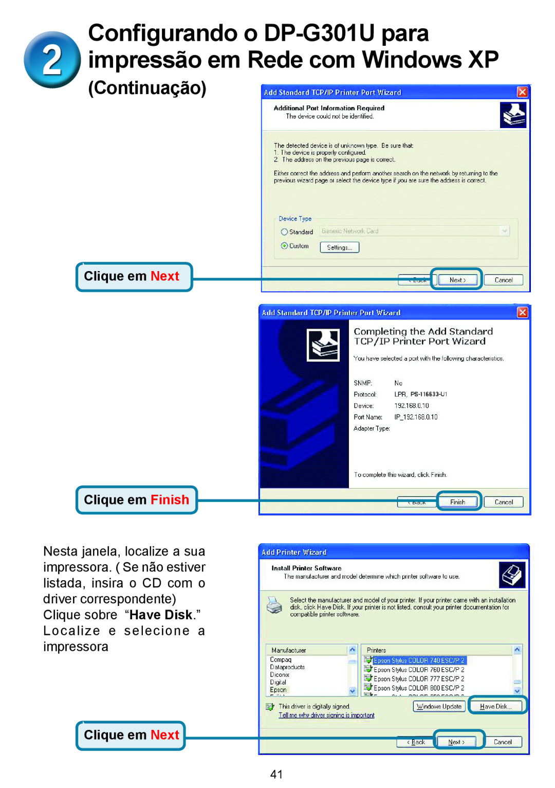 D-Link 301U manual Clique em Next Clique em Finish 