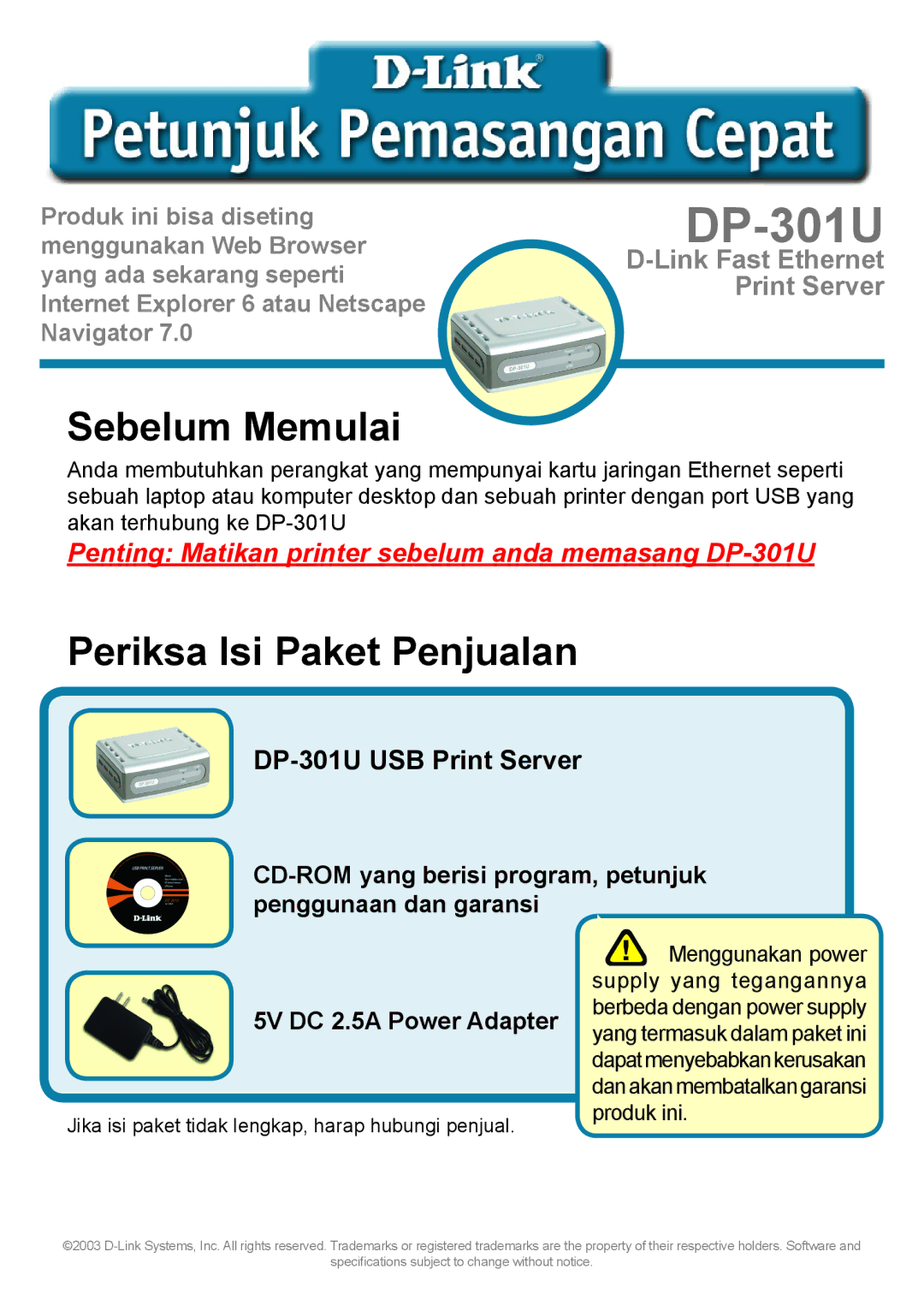 D-Link 301U manual Sebelum Memulai, Periksa Isi Paket Penjualan 