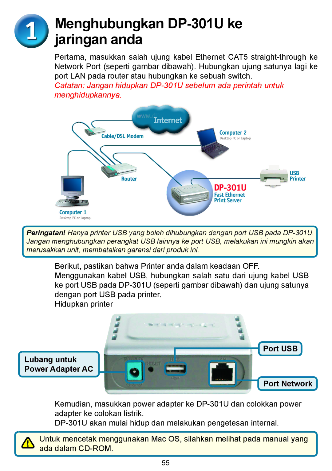 D-Link manual Menghubungkan DP-301U ke jaringan anda, Lubang untuk Power Adapter AC Port USB Port Network 